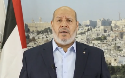 Top Hamas official Khalil al-Hayya delivers a speech marking the 38th anniversary of the terror group's establishment, December 14, 2025. (Screen capture: X/Al Jazeera)